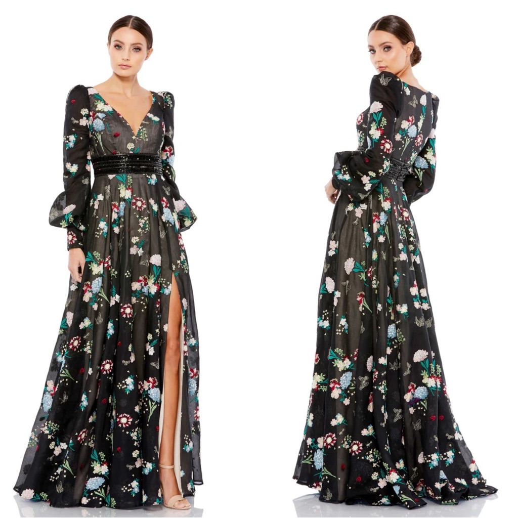 Mac Duggal 79361 Embroidered Bishop Sleeve V-Neck Flowy Gown Nwt Black